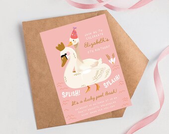 Uitnodiging voor een eendjeszwembadfeestje, zomerzwembadfeestje voor een meisje, schattig eendje, spetteren, zwemband in de vorm van een zwaan, bewerkbare digitale sjabloon 5x7