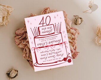 40th Hand-Drawn Birthday Cake Invitation, Retro Coquette Cake Fortieth, Chic Whimsical Minimalist Pink Bow Vintage Cake Editable Template