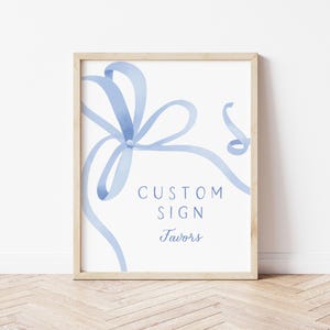 Blue Bow Baby Shower Custom Sign, Blue Bow Editable Sign Template, Minimal Modern Blue Ribbon Baby Shower Table Sign Instant Download m125