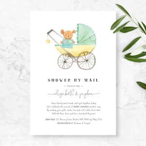 May include: A watercolor illustration of a baby carriage with a teddy bear inside. The carriage is yellow with green accents. The text "SHOWER BY MAIL" is at the top of the image, and the text "honoring elizabeth & jayden" is below it. The text "Since family and friends can't get together today Let's celebrate the arrival of BABY JAYDEN another way By sending your gifts, cards, love and well wishes from afar Will let them know just how cherished they are! POSTAGE 123 Nursery Lane, Becken Hill, NSW by May 23rd REGISTERED at Amazon & Target" is at the bottom of the image.