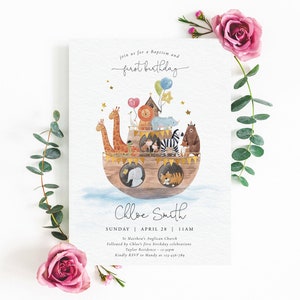 First Birthday Baptism Invite | Noahs Arc Cute Animals | Minimalist | Animals Boat | Christening Baptism First Birthday | Editable Template