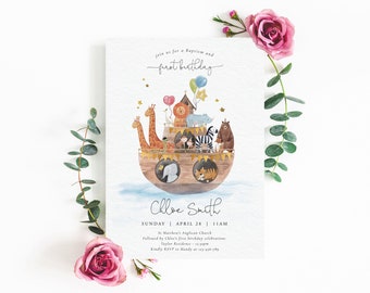 Invitación para bautizo de primer cumpleaños / Animales lindos del Arca de Noé / Minimalista / Barco de animales / Plantilla editable
