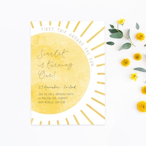 First Trip Around the Sun Invitation | First Birthday Invite | Minimalist Yellow Sun | 1st Birthday | Editable Invite Instant Download M073