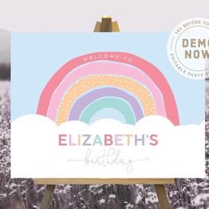 May include: A printable welcome sign with a rainbow and clouds. The sign says "Welcome to Elizabeth's birthday".