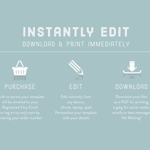 May include: A light blue graphic with white text that reads "INSTANTLY EDIT DOWNLOAD & PRINT IMMEDIATELY".  Three icons are below the text: a shopping cart, a pencil, and a download arrow.  The text below each icon describes the steps to purchase, edit, and download a digital template.