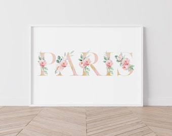 Paris Wortlaut Druck, Paris Wortlaut, Paris Text zum ausdrucken, hübsche rosa Gold Boho Blumenbuchstaben, Paris Schild Stadt Wort Poster Minimalistisch