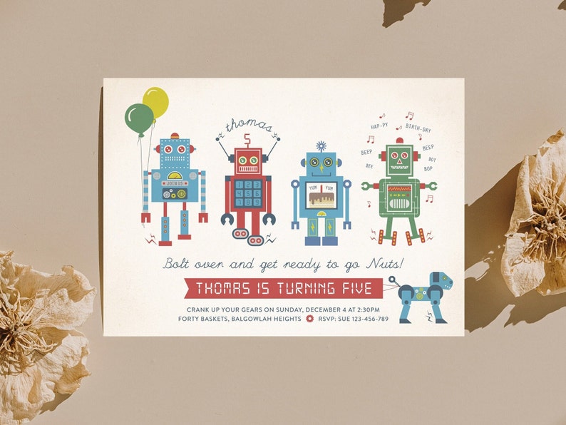 Robot Birthday Party Invite Vintage Rustic Digital Robots and Robot Dog Boys Birthday Invite Editable DIY template INSTANT DOWNLOAD image 4