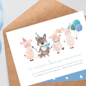 Drei kleine Schweinchen und großer böser Wolf, süße Schweine, Storybook 3 kleine Schweinchen, Schweinchen Geburtstag einladen, minimalistische bearbeitbare Vorlage DIY Download