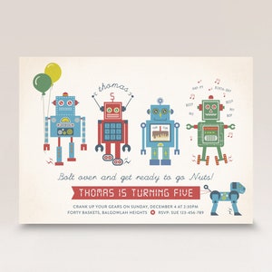 Robot Birthday Party Invite | Vintage Rustic Digital Robots and Robot Dog | Boys Birthday Invite | Editable DIY template | INSTANT DOWNLOAD
