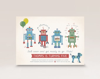 Robot Birthday Party Invite | Vintage Rustic Digital Robots and Robot Dog | Boys Birthday Invite | Editable DIY template | INSTANT DOWNLOAD