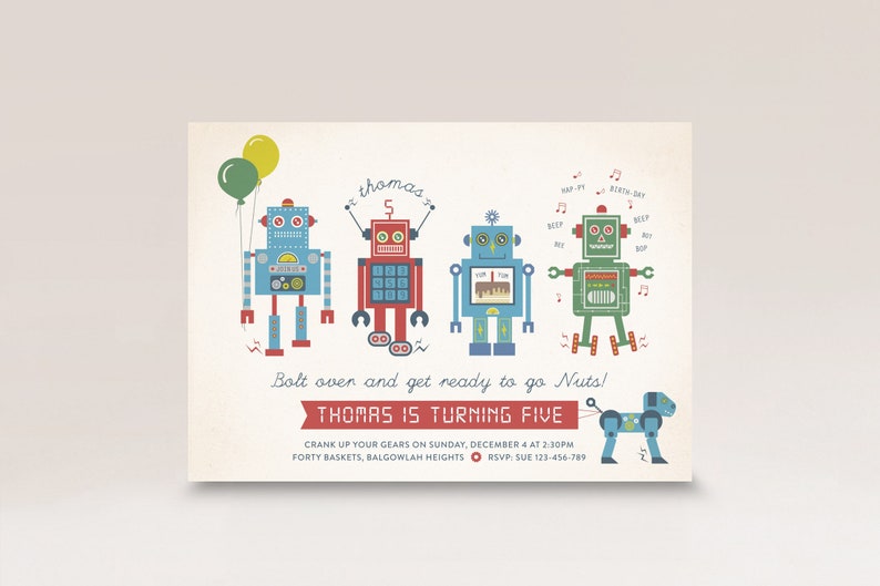 Robot Birthday Party Invite Vintage Rustic Digital Robots and Robot Dog Boys Birthday Invite Editable DIY template INSTANT DOWNLOAD image 1