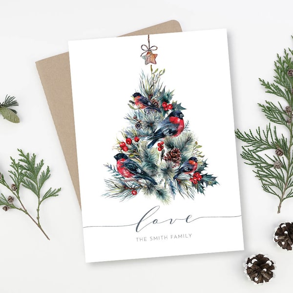 Weihnachtskarte, Aquarell Weihnachtsbaum, rote Robins Misteln, Holiday Card, Neutral Vintage einfach, Weihnachten grün, Evergreen festlich