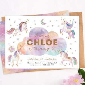 Magical Unicorn Birthday Party Invite, Beautiful Rainbow Unicorn Starry Sky, Fairytale Golden Unicorn, Editable Digital Instant Download
