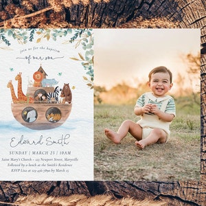 Doopfotokaart, Doopuitnodiging, Doopfoto, Noahs Arc, Animal Noahs Arc, Moderne Communie, Eenvoudig, Noahs Arc Baptism Invitation
