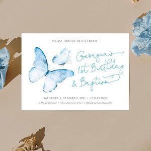 Baptism First Birthday Invite, Butterfly invite, First Birthday Baptism Ceremony, Girls first baptism blue butterfly, modern minimalistic image 1