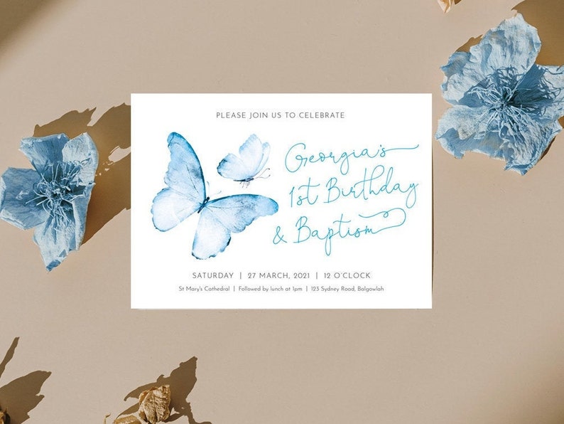 Baptism First Birthday Invite, Butterfly invite, First Birthday Baptism Ceremony, Girls first baptism blue butterfly, modern minimalistic image 1