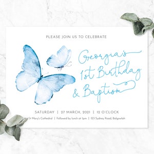 Baptism First Birthday Invite, Butterfly invite, First Birthday Baptism Ceremony, Girls first baptism blue butterfly, modern minimalistic image 3