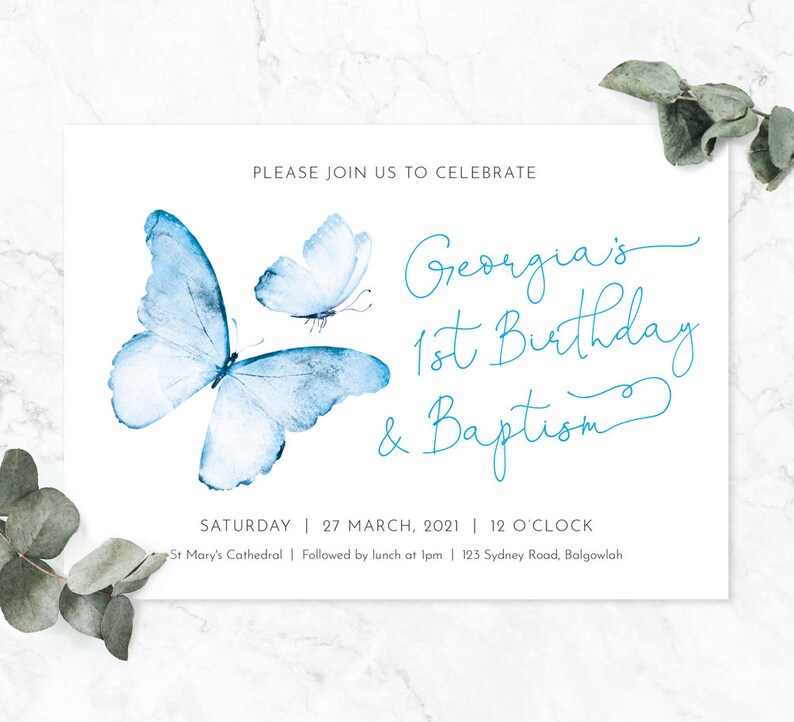 Baptism First Birthday Invite, Butterfly invite, First Birthday Baptism Ceremony, Girls first baptism blue butterfly, modern minimalistic image 3