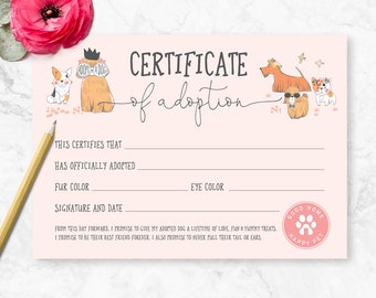 Certificate of Adoption, Dog Adoption Party, Dog Birthday Party, Birthday Party Girl, Adopt a dog, Adoption Certificate Puppy Dog, Dog Theme