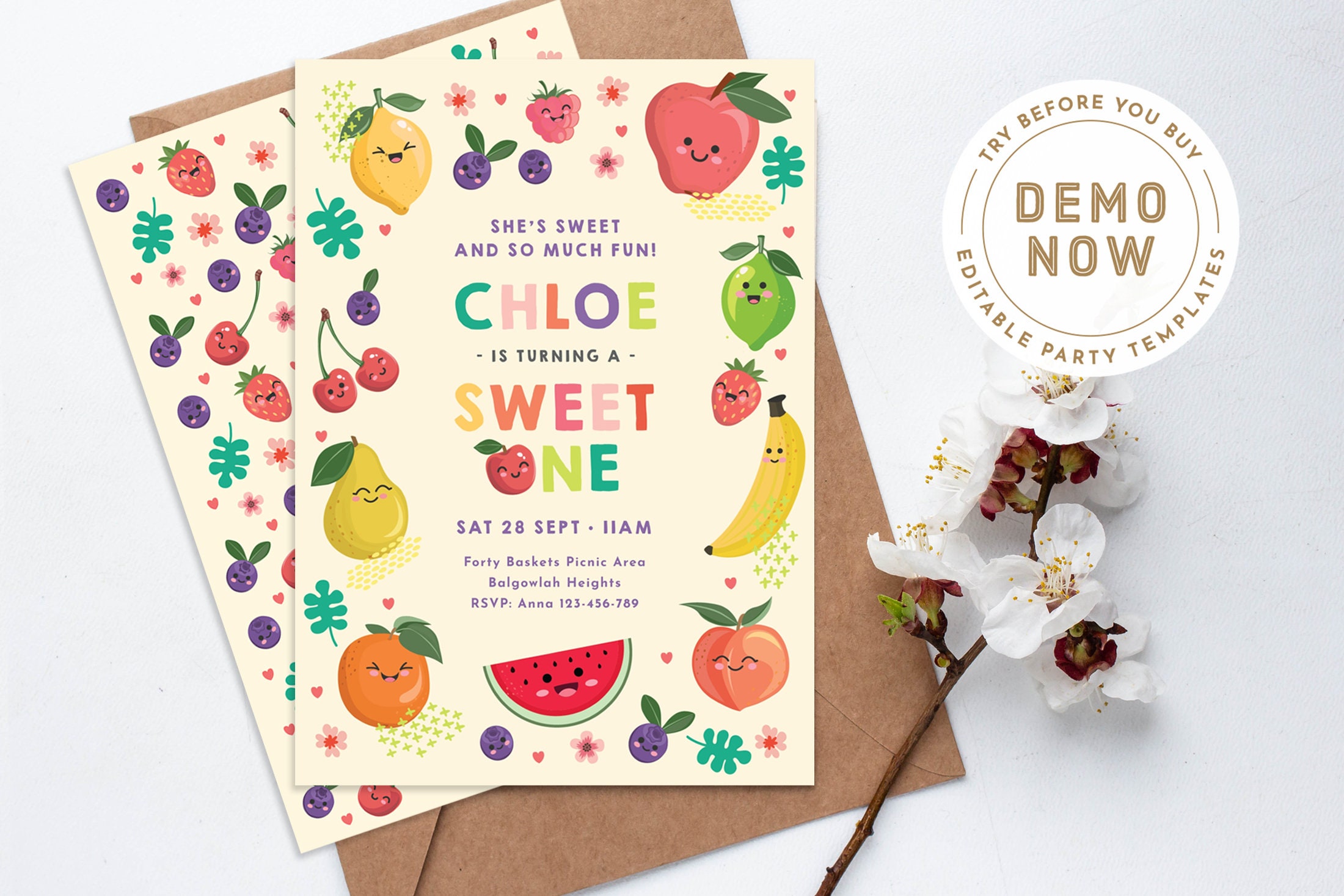 Berry Sweet First Fruit Birthday Invitation, Cute Fruits, Summer ...