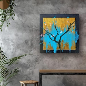 VERKOCHT - Prachtig schilderij van abstracte boom in blauw en goud, moderne abstracte kunst van Susie Tiborcz