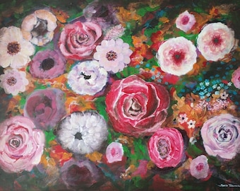 Mozaika Bloom — abstrakcyjny obraz kwiatowy | Różowa róża na ścianę, kolorowy obraz ogrodowy na płótnie z teksturą – nowoczesny ogród