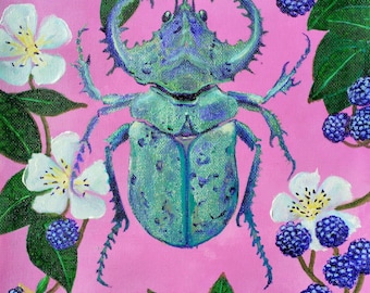 Whimsical Beetle Among Blackberries – Hand-Painted Acrylic Art (A4)