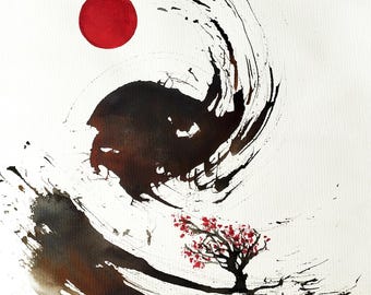 Original Ink & Watercolor Painting - Crimson Blossom Minimal Japanese-Style Ink Art for Living Room Sumi-e painting