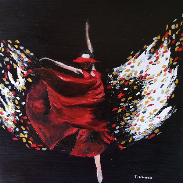 Ballerina tanzt im roten Seidenkleid, Originalgemälde, Acryl und Öl auf Leinwand, Ballettmalerei von Susie Tiborcz