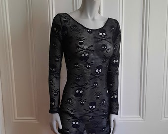 Long sleeve black skull Fishnet body con mini dress