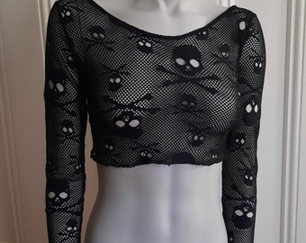 Long sleeve black skull Fishnet body con crop top