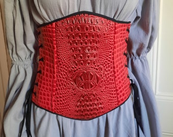 Red Dragonscale underbust corset with side and back lacing