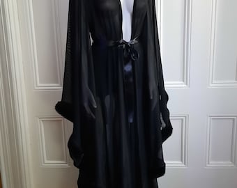 Vixen Veil Elegant Black Stretch Mesh and faux fur long robe