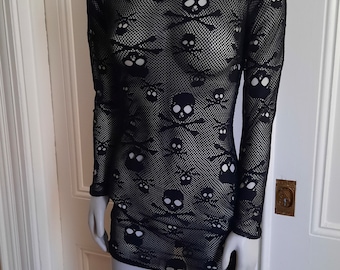 Nightshade Net Long sleeve black skull Fishnet body con mini dress