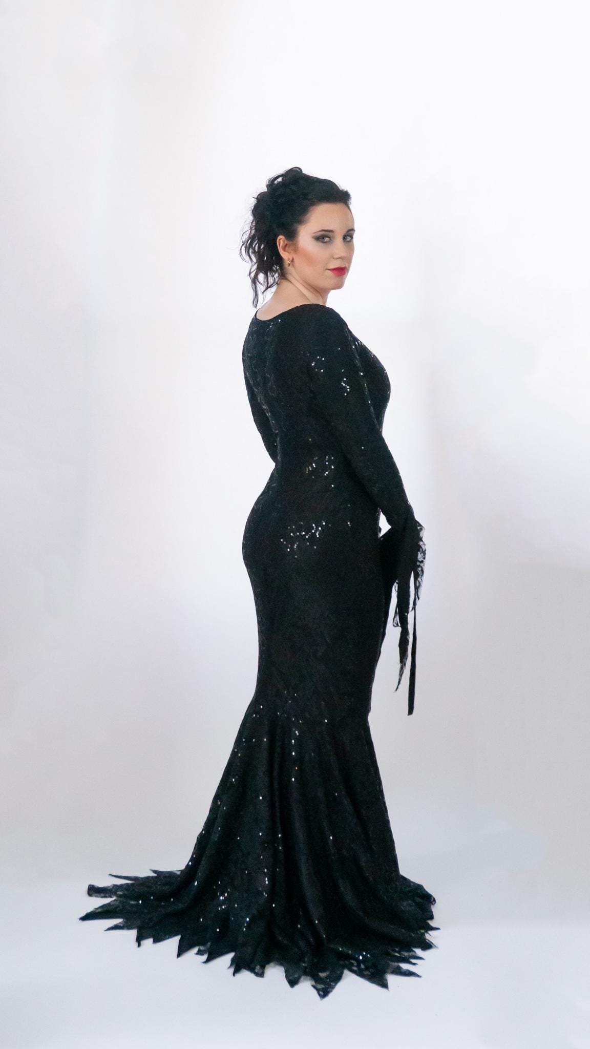 morticia addams dress fashion nova Women's Medium Fashion Nova Deep V Cut Black Morticia Adam's Stretch Dress