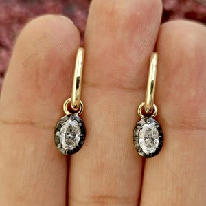 Oval Moissanite button back Georgian cut down Gypset huggie, removable hoops, statement earring, blackened gold earrings.
