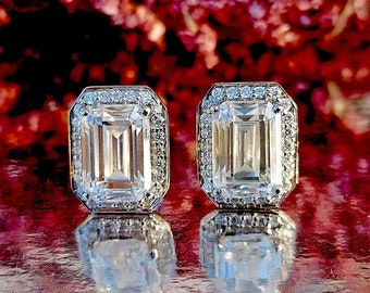 Emerald Cut Solitaire Moissanite Halo Stud Earrings,Moissanite Wedding Earrings,Push\Push Back Earrings,Anniversary Mother's Day Gift