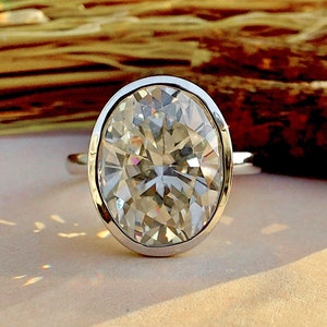 Bezel set crushed ice oval Moissanite Solitaire Engagement ring, Ring for her, Anniversary gift for wife, Mother ring, statement ring