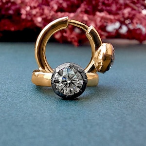 Georgian Victorian Style Moissanite Hoops, Georgian cut down Button back huggie, Blackened Gold Stud Earrings, Wedding Earring.