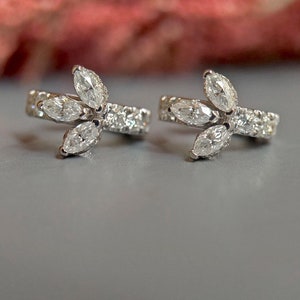 Marquise Moissanite Huggies, hoops, delicate everyday earrings for her available in Silver, 18k\14k\10k White\Yellow\Rose Gold and Platinum