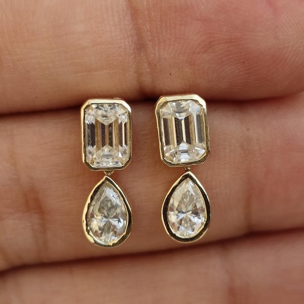 Emerald Cut Pear Cut Moissanite Drop Earrings, Layering Dangle Jewelry