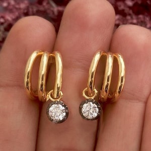 Round Moissanite button back Georgian cut down tripset hoops ,2 in 1  statement earring, blackened gold earrings.