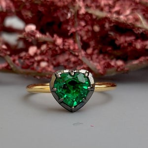 Lab Emerald Heart Cut Georgian cut down button back solitaire engagement ring, ring for her, ring for women, blackened gold stackable ring.