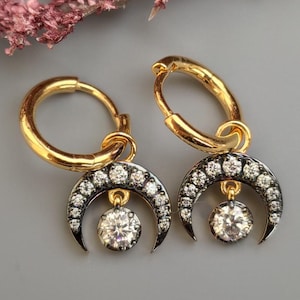 Half moon Moissanite button back Georgian cut down Huggie,2 in 1  statement earring, blackened gold earrings.