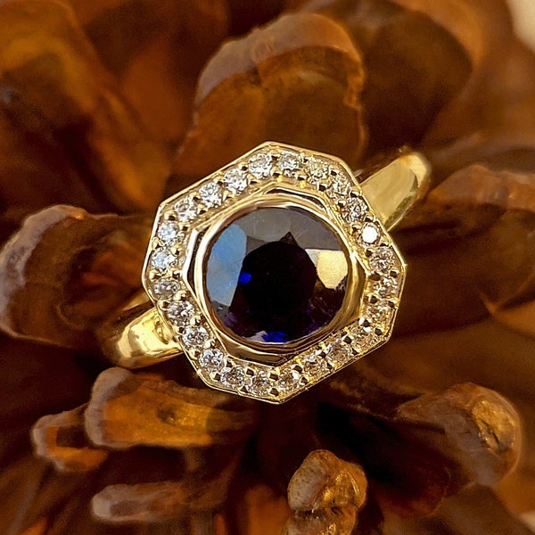 Lab Blue Sapphire with Moissanite Halo Engagement Ring, Proposal Ring, Ring for Mother, Anniversary Gift for wife