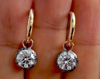 Round Moissanite button back Georgian cut down Gypset huggie, removable hoops, statement earring, blackened gold earrings.