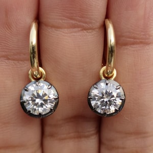 Moissanite Huggie Earrings, Georgian Cut Down, Blackened Sterling Silver