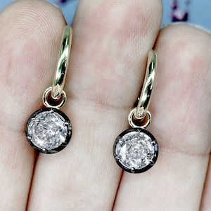 Round CZ Cubic Zirconia button back Georgian cut down Gypset huggie, removable hoops, statement earring, blackened gold earrings.