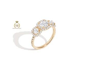 Pavé Cushion Cut Tri-Diamond Ring, Triple Halo 3 stone moissanite diamond engagement ring available in 10/14/18 Karat Gold