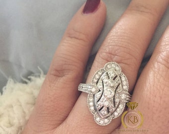 Bold Statement Art Deco Milgrain vintage Moissanite diamond Ring Engagement\wedding\propose\Bridal Ring 18k\14k\10k White\Yellow\Rose Gold